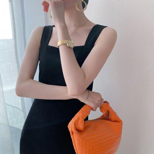 Elegant Black Square Neck Mid-Length Summer Dress with Slit
