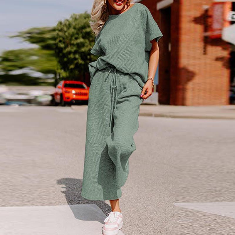 Sets for Women Summer Lounge Sets O-Neck Tops Wide Leg Crop Pants Vacation Travel Outfits