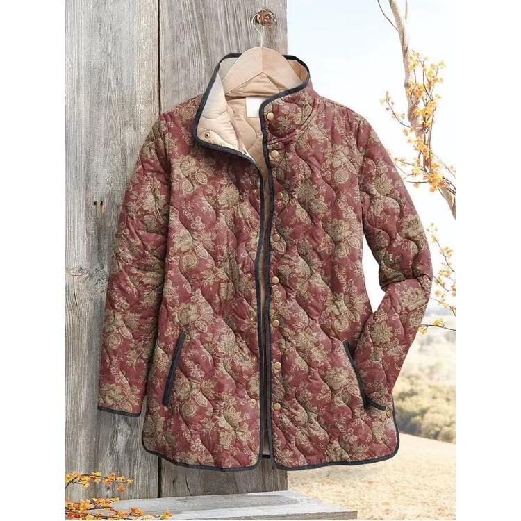Women's Tropical Leaf Print Quilted Jacket Stand Collar Button Down Contrast Trim Casual Coat