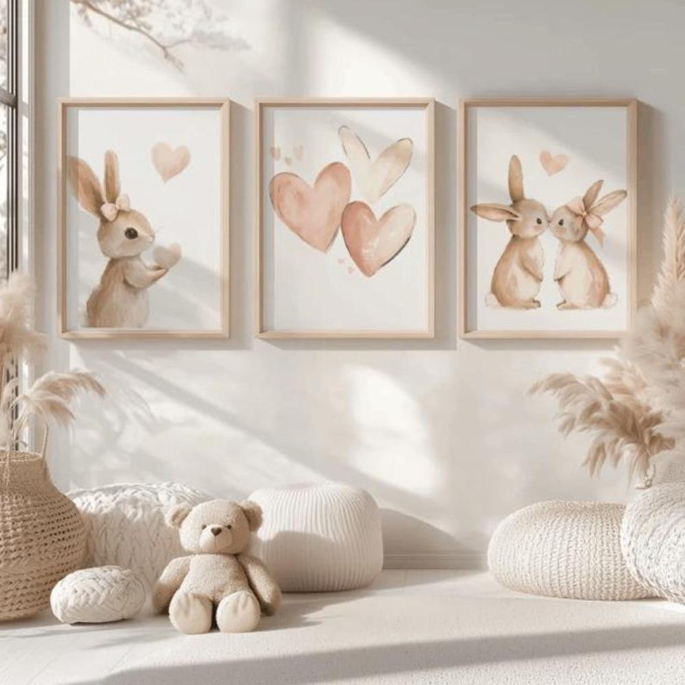 Frameless Rabbit Poster,Girl Pink Beige Decor,Heart Decoration Rabbit Picture,Animal Digital Download,Living Room Bedroom Decor