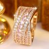 European and American Style Layered Pink Diamond Ring Multi-track Interlocking Design with Densely Set Cubic Zirconia, a Luxurious and Versatile