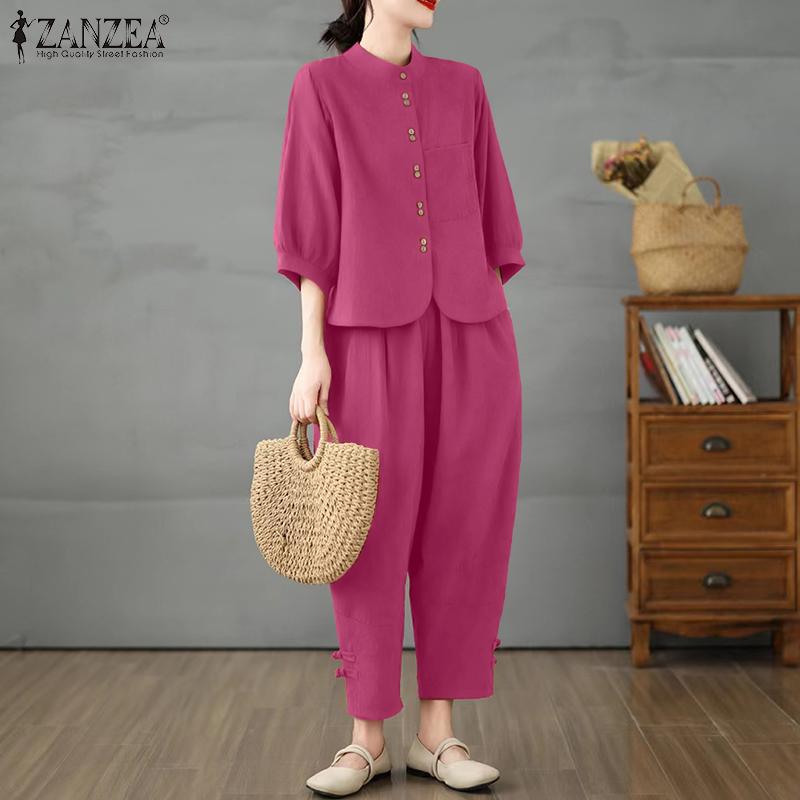 ZANZEA Women 3/4 Sleeve Blouse and Harem Pants Casual Two Piece Suit Sets