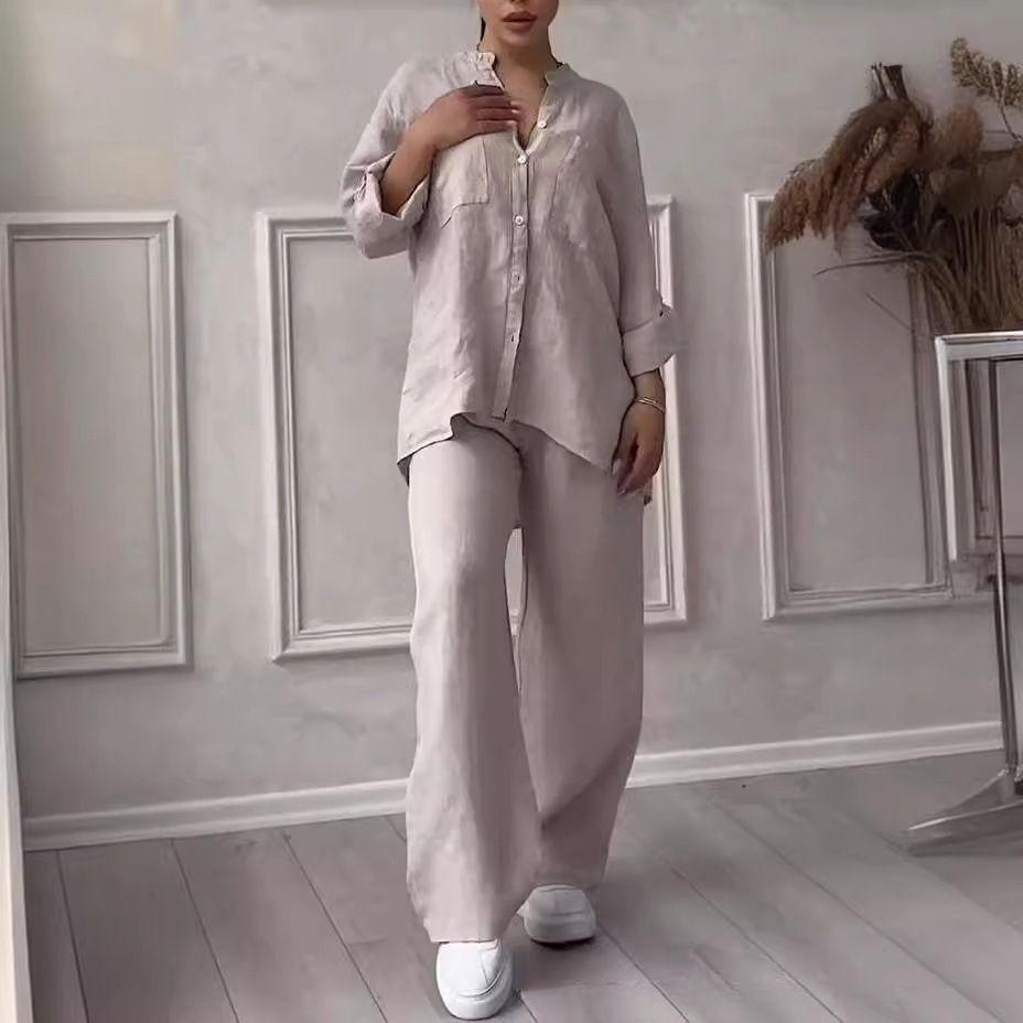 2025 European & American Casual Cotton Linen Shirt & Drawstring Wide-Leg Pants Set