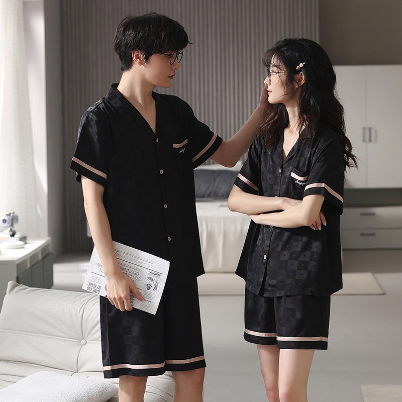Couple Ice Silk Pajamas Women's Summer Short-sleeved Shorts Cardigan 1011 New Cool Summer Men's Loungewear Set