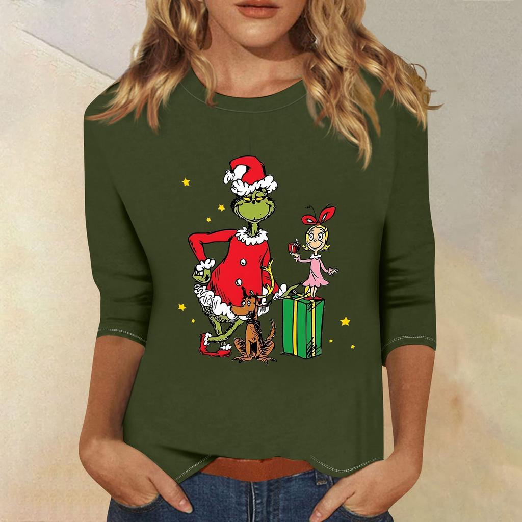 3/4 Sleeve Tops For Women T-Shirt Casual Christmas Print Tops T Shirt Round Neck Pullover Blouse