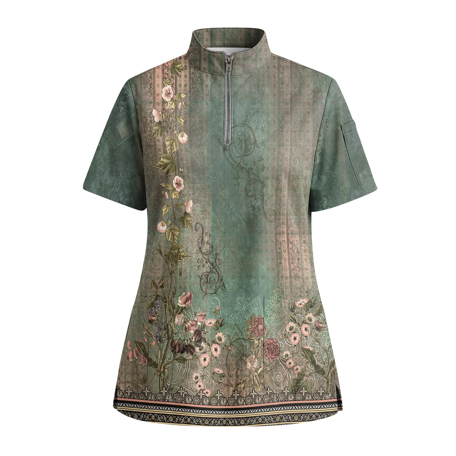 

Women s Short Sleeved Printed V-neck Buttonable Side Slit Top T-shirt XXXL