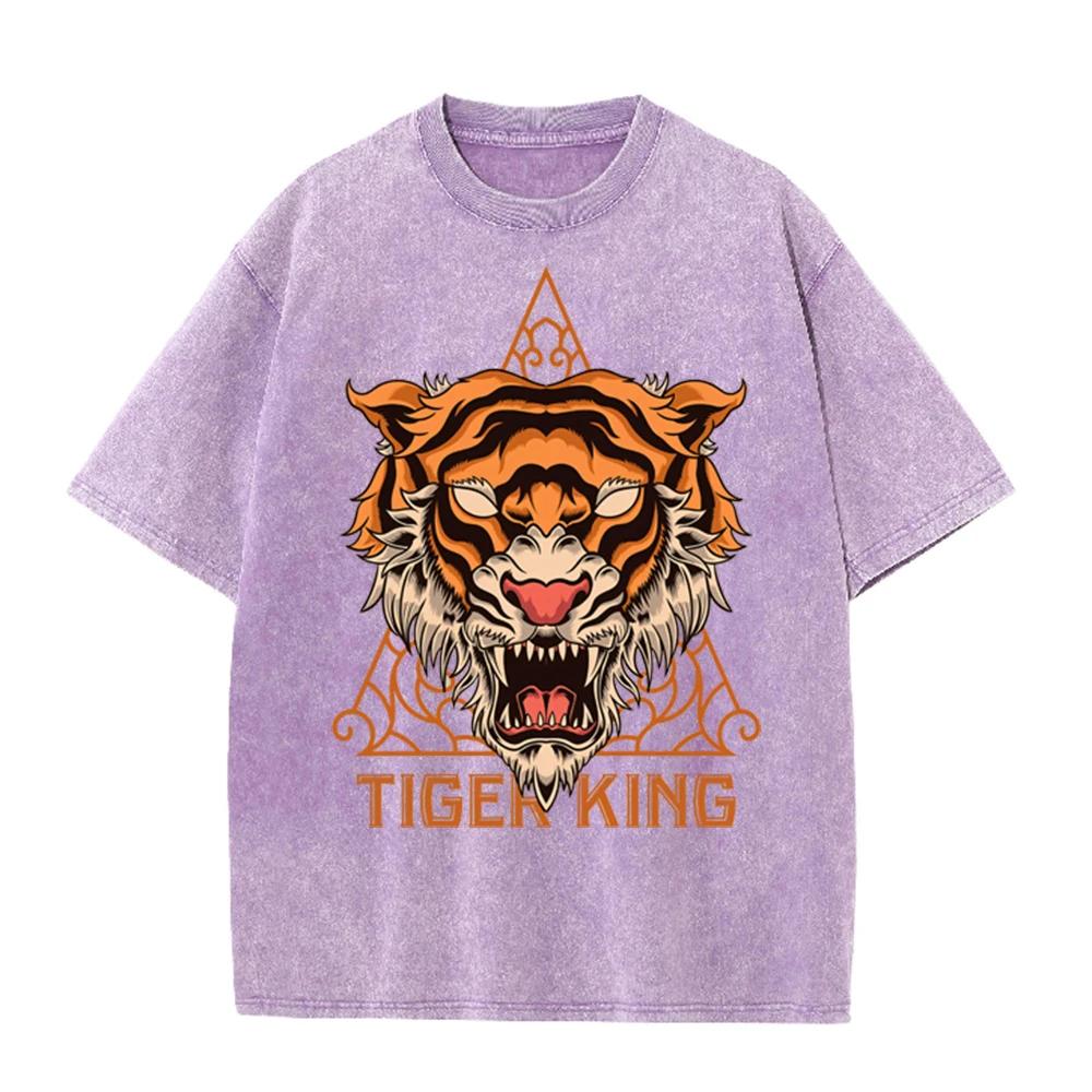 2026 Vintage Washed Black Tiger Head Graphic T Shirt Triangle Ornament Tiger King Retro Print Oversized Men Streetwear Casual Sh