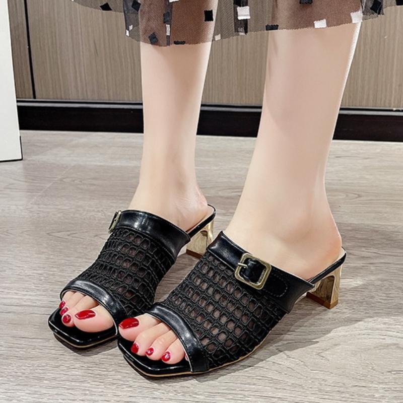 Weave High Heels Slippers Women Heeled Sandals Mesh Shoes Square Toe 2026 Summer Pumps Chunky Open Toe Dress Sandalias Mujer