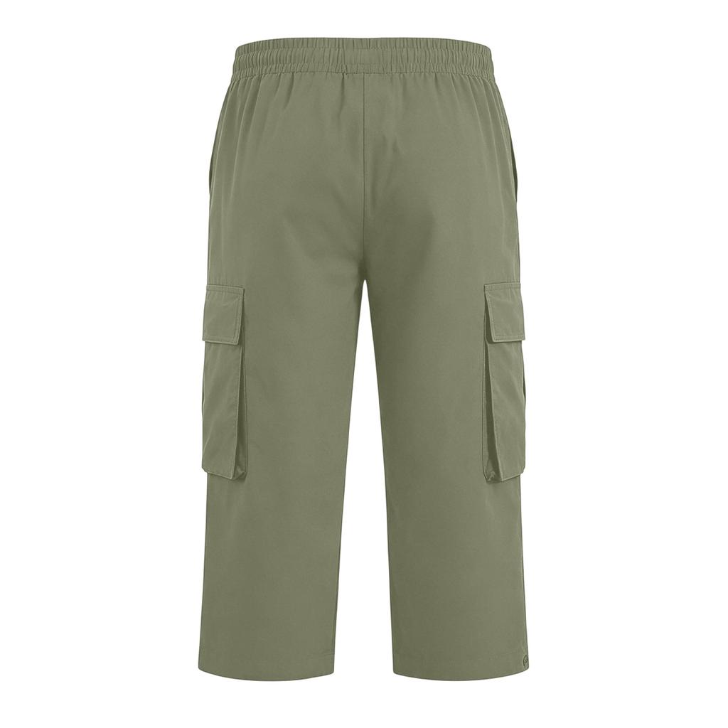 Men Drawstring Waist Multi Pocket Casual Capri Pants Loose Fit Knee Length Cargo Trousers for Outdoor Daily Wear