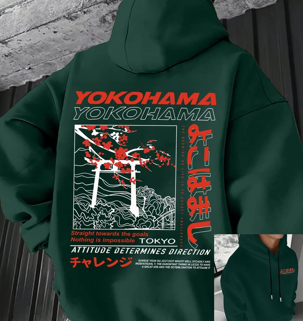 Herren Herbst- und Winter-Freizeitmode lockerer Kapuzenpullover mit bedrucktem Tokyo-Muster, warmer Pullover