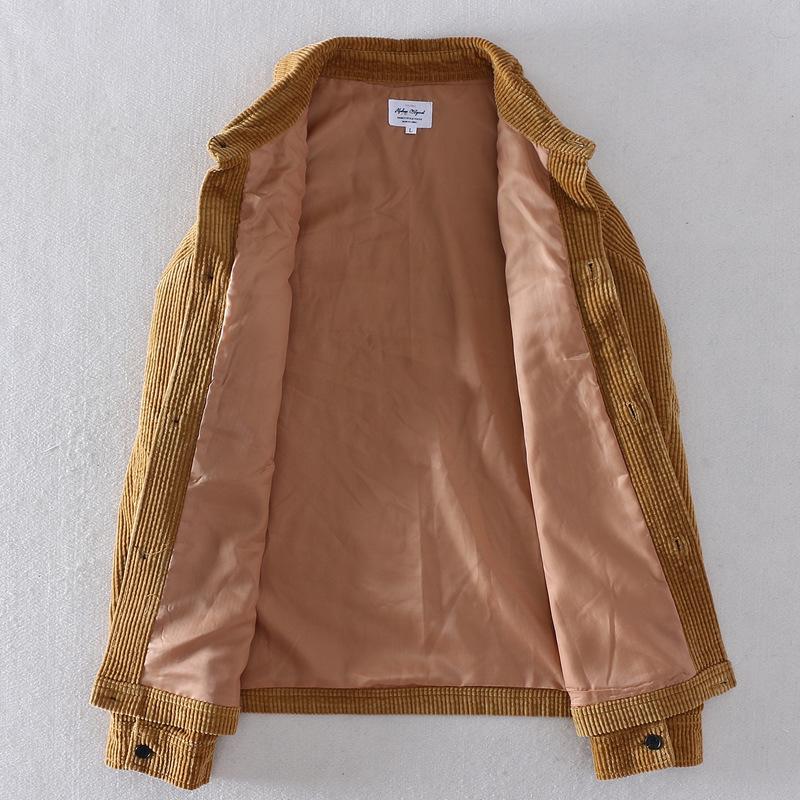 Men's Spring Cotton Corduroy Jacket with Double Pockets, Stripes & Velvet, Loose Fit, Drop Shoulder, Long Sleeve, Japanese Style.