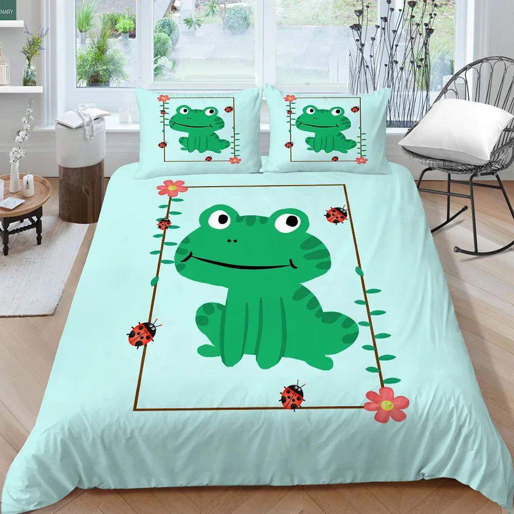 Cartoon Frog Duvet Cover Set King/Queen Size Reptile Animal Theme Bedding Set Cute Green Frog Polyester Comforter Cover for Kids
