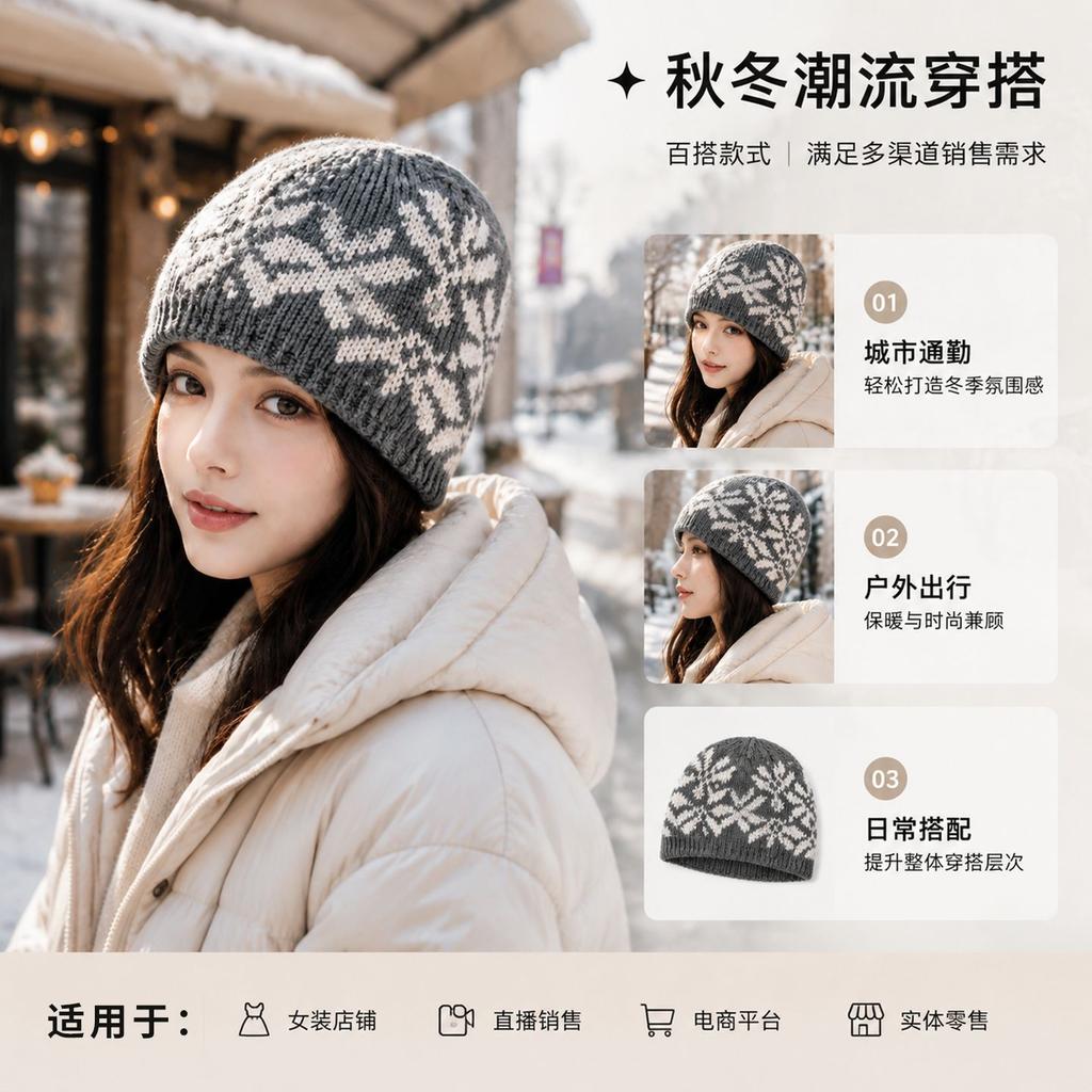 Winter women's jacquard snowflake knitted wool hat, warm ear protector, cold hat, and a basin hat.