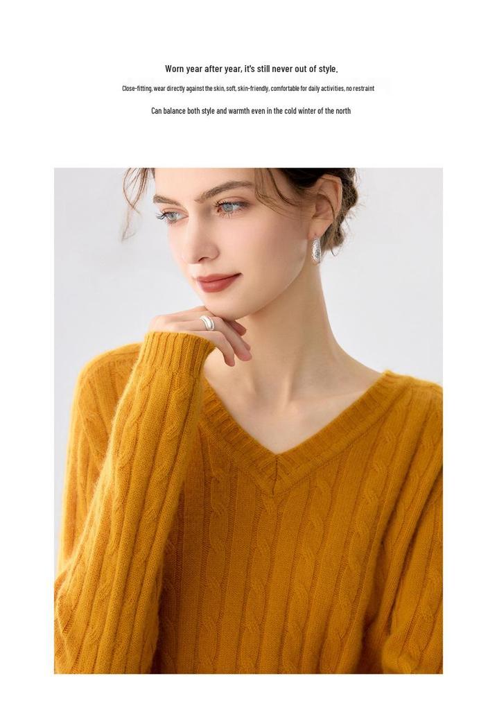 Lekasha Cashmere Cable Knit V-Neck Loose Base Layer Shirt