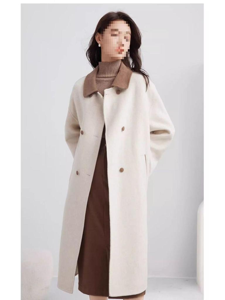 Women's Mid-Length Beige Wool Coat - Elegant French Casual Loose Fit, Petite Plus-Size, Thickened Winter Outerwear 2025.
