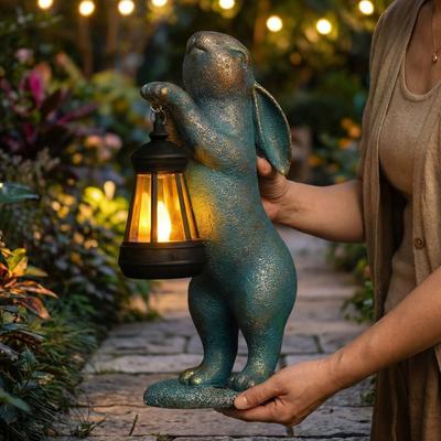 Resin Rabbit Solar Lantern Solar Powered Night Illumination Animal Garden Statues Waterproof Cute Outdoor Rabbit Art Decor