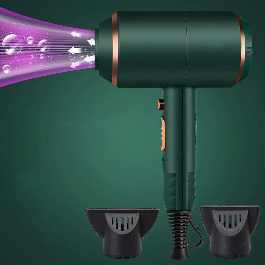 

Фен с защитой от повреждений и фиолетовым светом, мощный двигатель переменного тока для укладки волос, вентилятор для ухода за волосами, с 2 насадками
