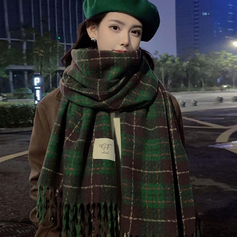 Korean Christmas Red Plaid Knitted Scarf for Women – Retro Tassel Neck Warmer