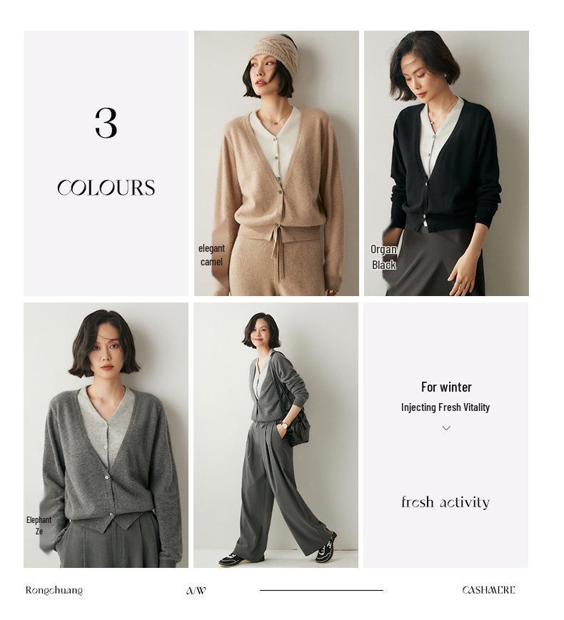 Kaschmir-Cardigan mit V-Ausschnitt: Weicher, im französischen Stil gestrickter, lockerer Damenpullover für Herbst/Winter