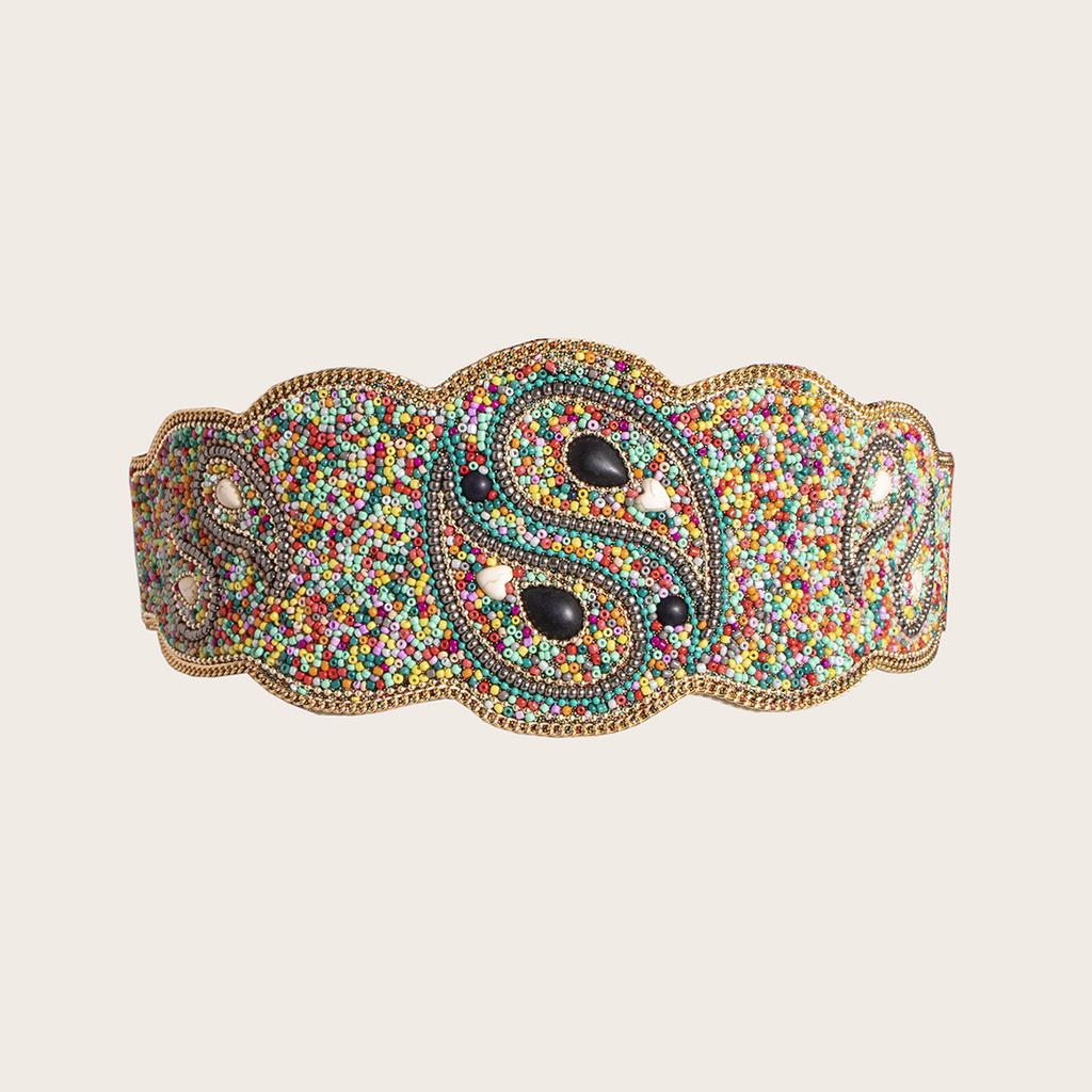 New Taiji Pattern Bead Elastic Buckle Waist Belt, Heavy Industry Bohemian Ethnic Style Women's Belt