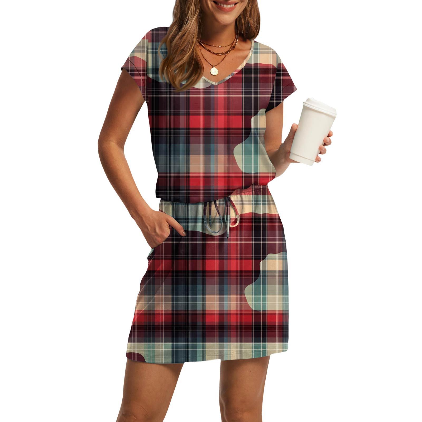 

Жіночі Модні Сукні з V-подібним Вирізом, Коротким Рукавом, Куліскою, Кишенею, з Принтом, Повсякденні M винний