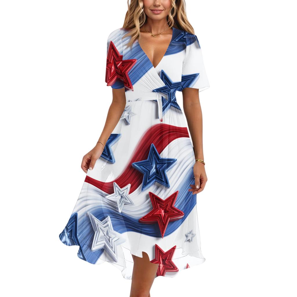 Women's Casual V-Neck Short-Sleeve Independence Day Print Dress