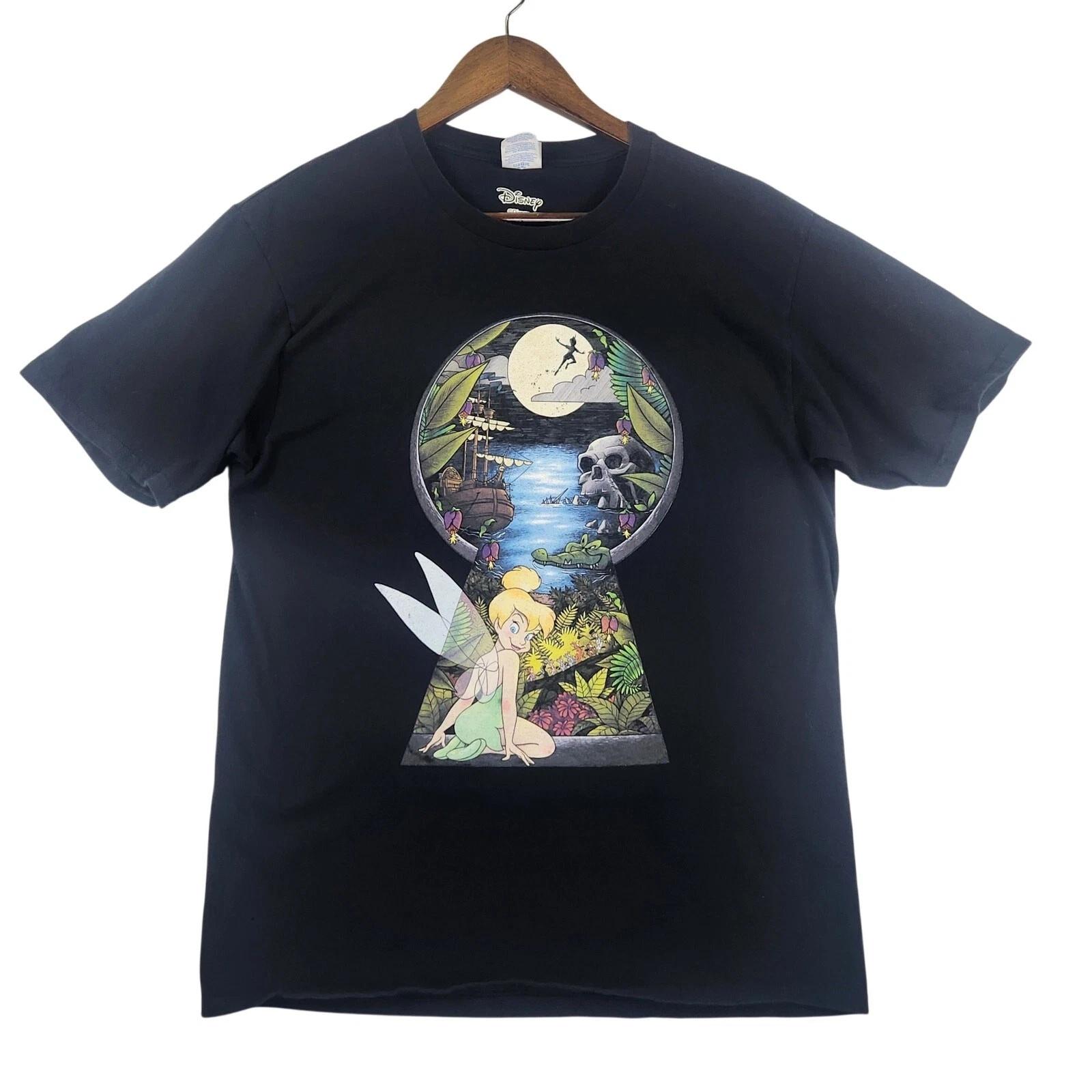 VTG Disney Mens Tinker Bell Peter Pan Neverland Keyhole 100% Cotton T-shirt Mens Tees Top M Black Graphic S