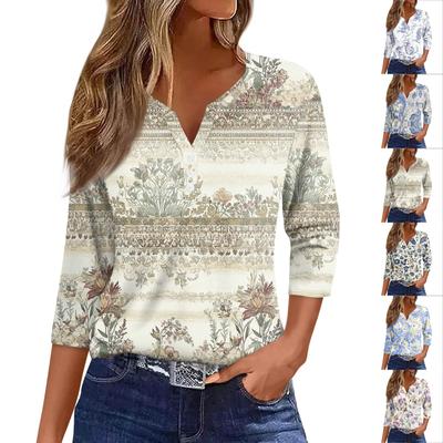 Women's T Shirt Print Button 3/4 Sleeve Daily Weekend Fashion Basic V- Neck Regular Top