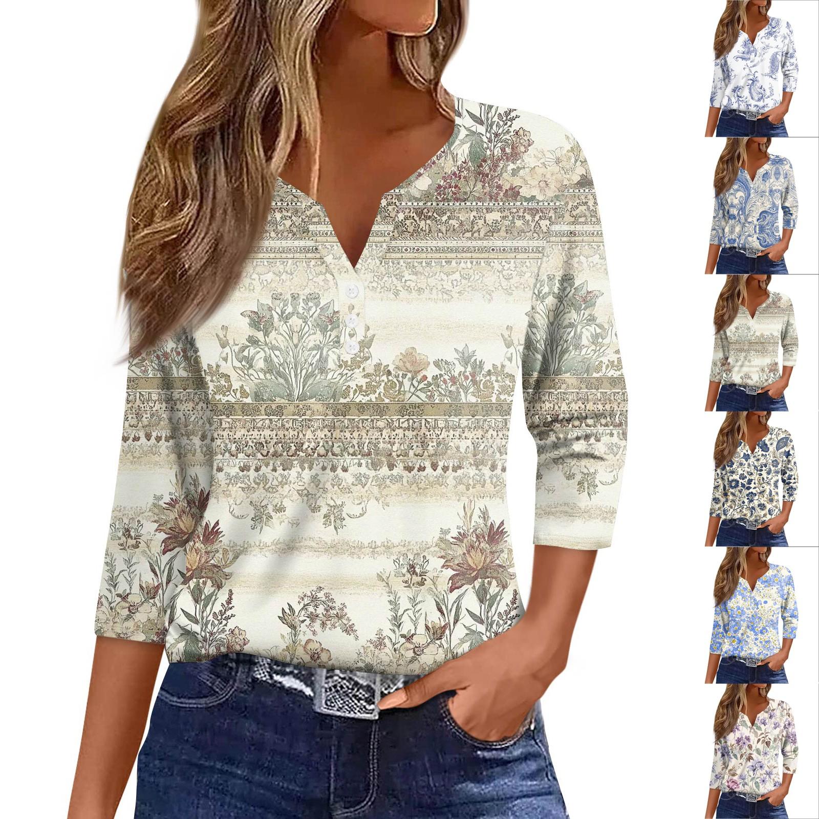 

Жіноча футболка з принтом на ґудзиках з рукавами 3/4, щоденна мода на вихідні, звичайний топ із V-подібним вирізом XL