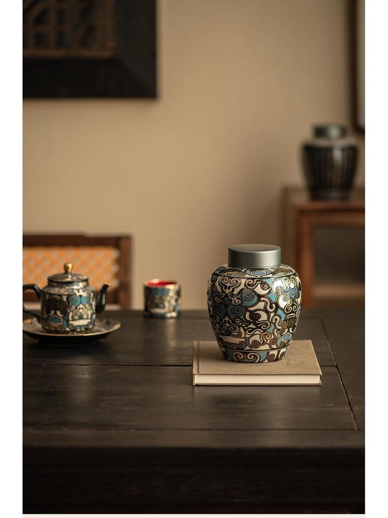 Taotie Ceramic Tea Can with Gold & Silver Inlay - Double-Metal Lid & Sealed Storage, Retro Chinese Design