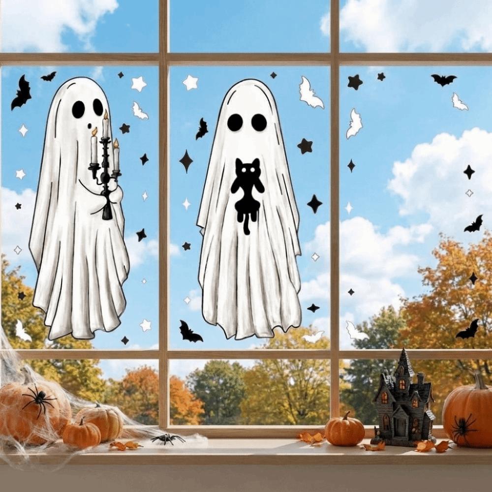 6PCS Large Size Halloween Window Decals Cartoon Ghost Static Window Clings Party Supplies