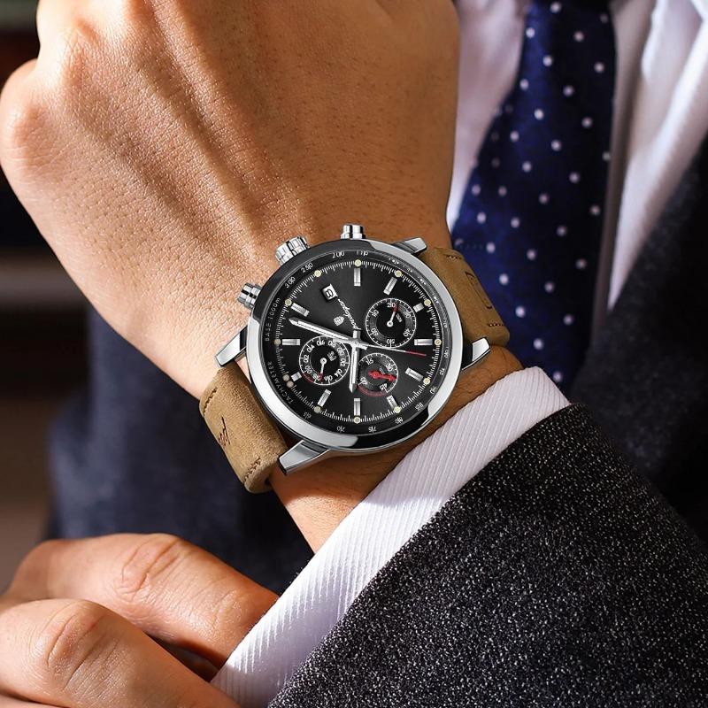 POEDAGAR Functional Luxury Man Wristwatch Date Waterproof Luminous Chronograph Men Watch Male Leather Quartz Watches
