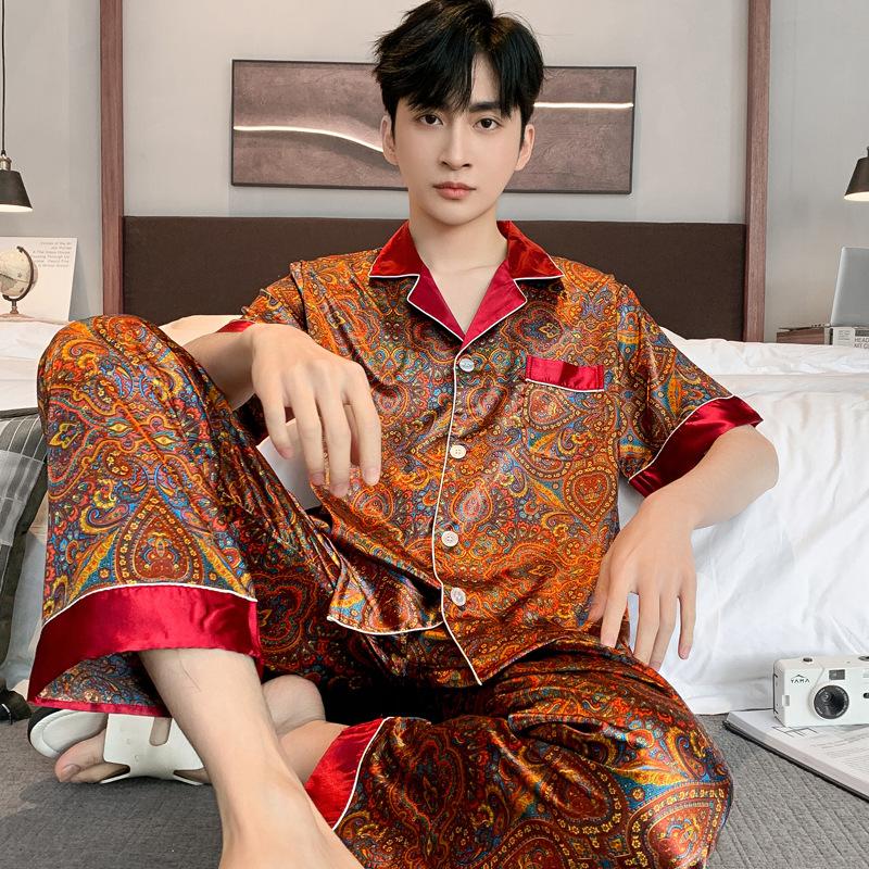 Costum de pijama bărbați de vară, mătase de gheață, pantaloni lungi cu mâneci scurte, satin, pentru bărbați, haine de noapte, set de îmbrăcăminte pentru tineret, domnișoare