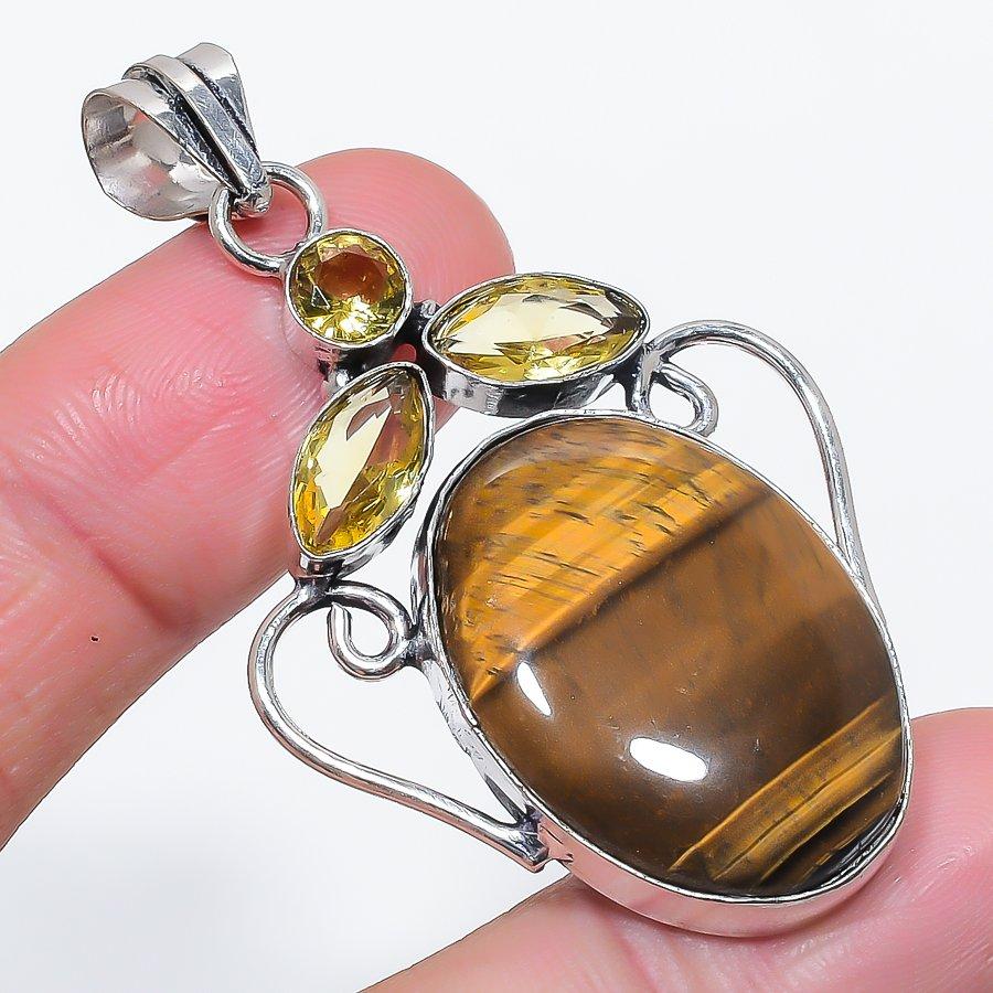 Natural Tiger Eye, Citrine 925 Sterling Silver Jewelry Pendant 2.29" e1C99