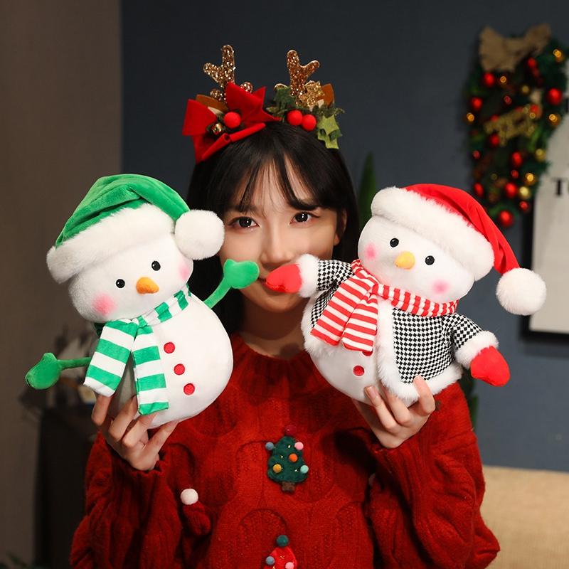1Pc 25Cm Lovely Christmas Snowman Plush Toys Kawaii Snowman Wears Santa'S Hat Scarf Loose Coat Doll For Xmas Party Decor Gift