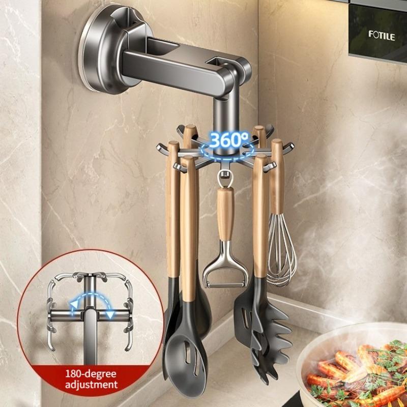 Kitchen Suction Wall-mounted Multi-functional Storage Rack, with Integrated Storage Featuring No-drilling and Rotatable Hooks