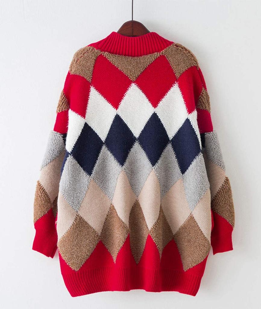 Henri Fluffy Argyle Thick Warm and One Size Fits Korean Short Long Long Sleeve Adult Down Lightweight Boa Long School Cardigan, Outerwear,