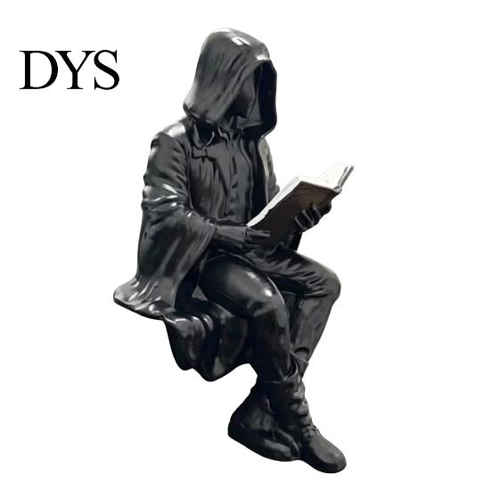 Donkere Opvallende Beeldje Gotische Fantasy Lezend Figuur, Mysterieuze Figuur met Kap Beeldhouwwerk, Hars Beeldhouwwerk Zittende Magere Hein Standbeeld voor Boekenkast,