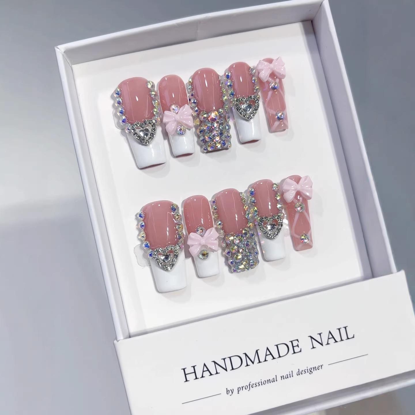 

French Small Diamond Medium and Long Nail Patch Bow Flash Wearing Nail Pure Handmade High-end Nail Piece XS
