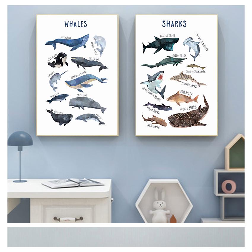 Animal Nursery Canvas Art Print Education Wall Picture Painting Nordic Baby Kids Room Decoration Child Poster Whale Shark Marine