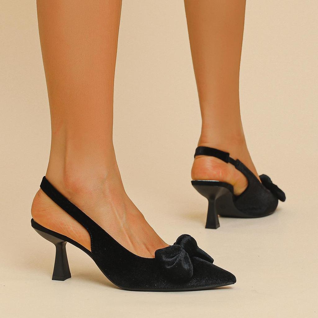 Women's Large Size Spring Sharp Pointed Toe Thin High Heel Sandals Summer Casual Stiletto Heel Bow Solid Color Sandals Single Shoes 36-42