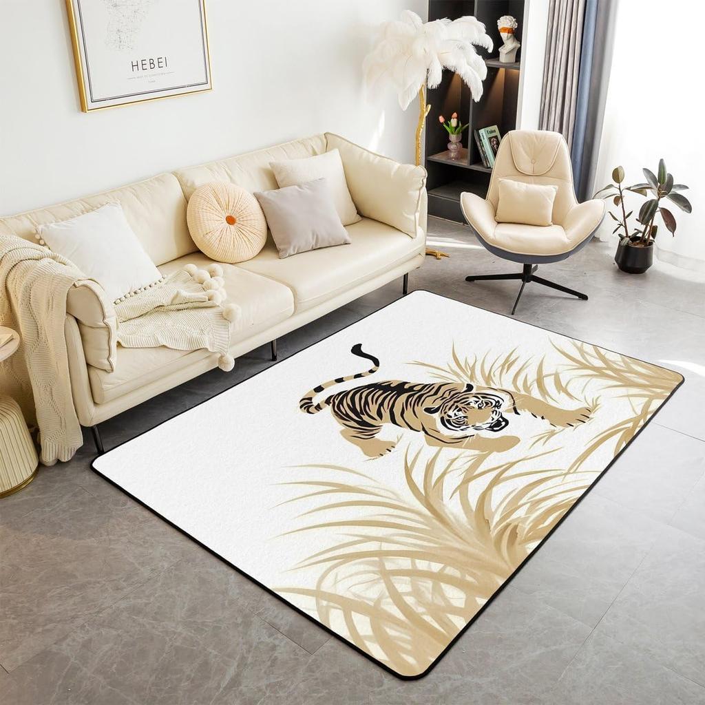 Japanese Samurai Cat Print Area Rug, Red Sun & Ancient City Design Non-Slip Floor Mat for Living Room Bedroom Home Decor Carpet