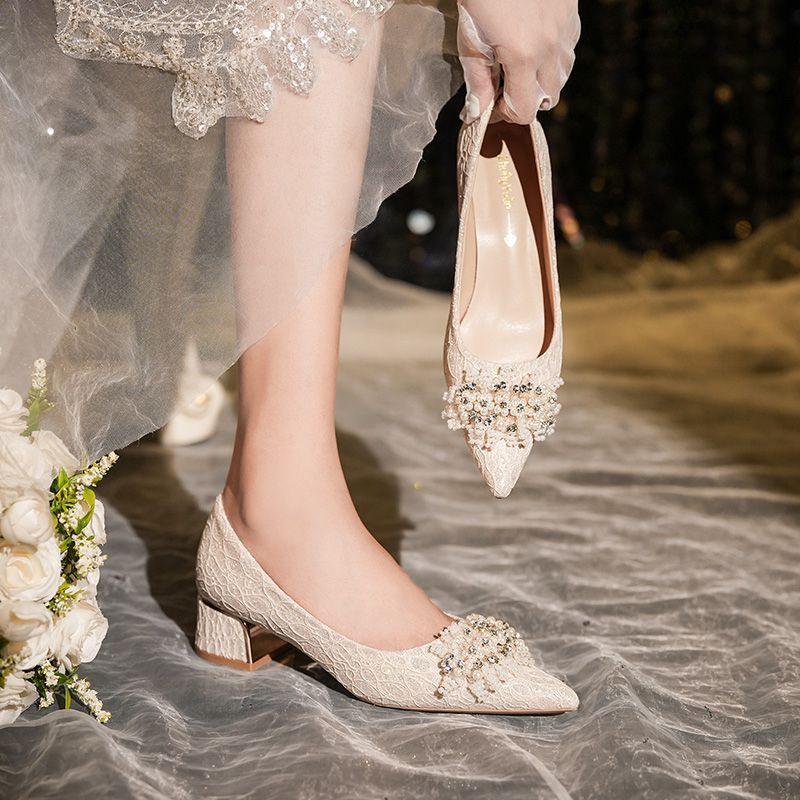 French wedding shoes, bridal shoes, high heels, women's 2025, thick heels, gentle pearls, can usually be worn without tired feet, single shoe women