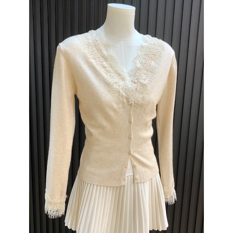 Premium collar temperament lace cardigan top women's autumn and winter sweet Spice Girl bottoming long-sleeved button-down knitted sweater