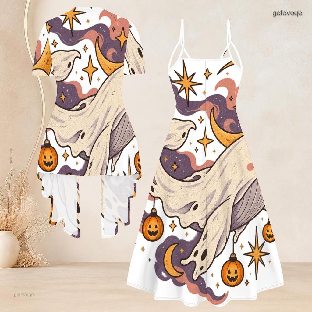 Women Plus Size Two Piece Set White Halloween Ghost Printed Short Sleeve Cardigan V Neck Strappy Flared Dress