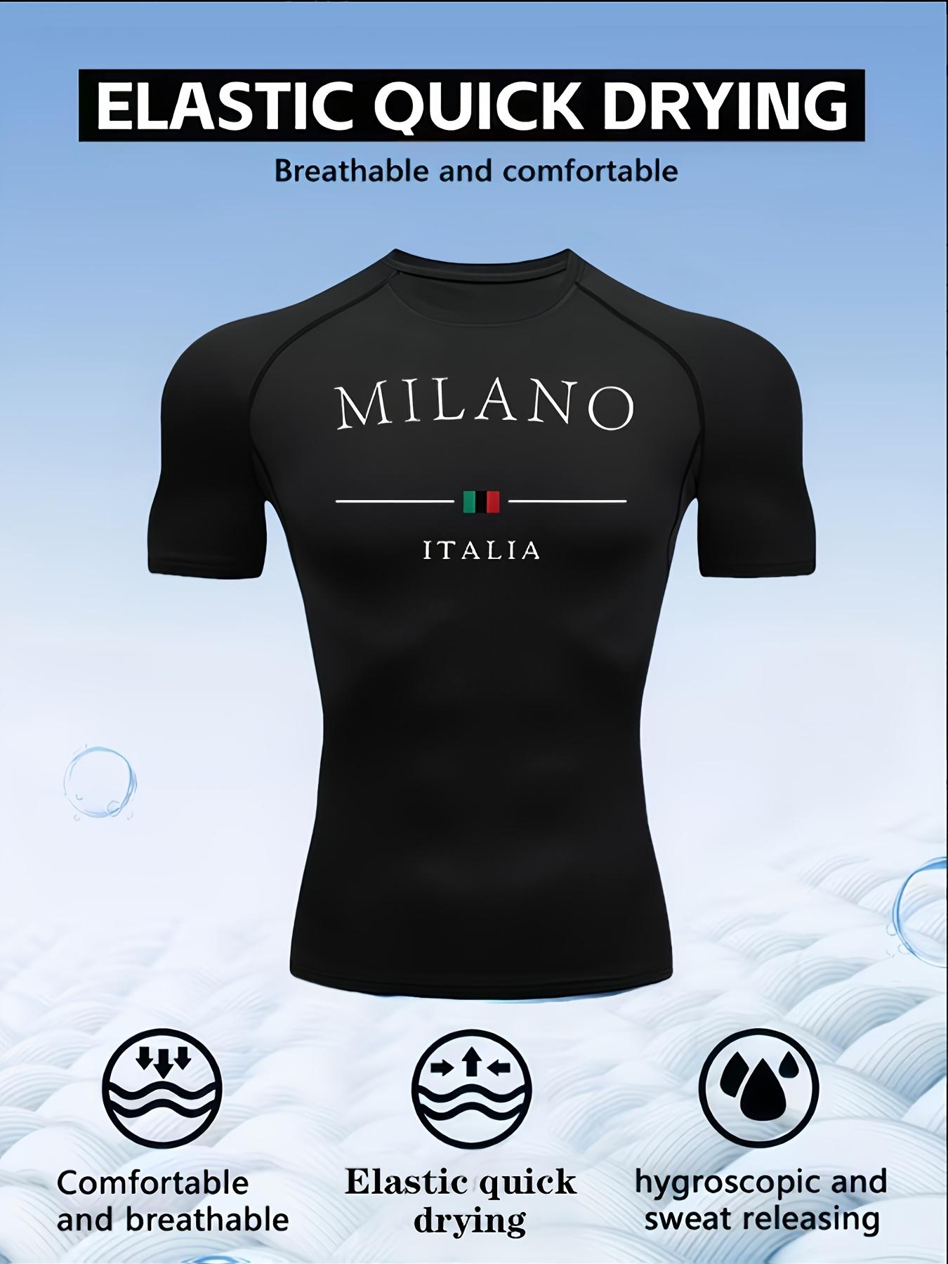 Men s Compression Shirt Quick Dry Gray Gym T-Shirt MILANO ITALIA Print Workout Sportswear S чёрный