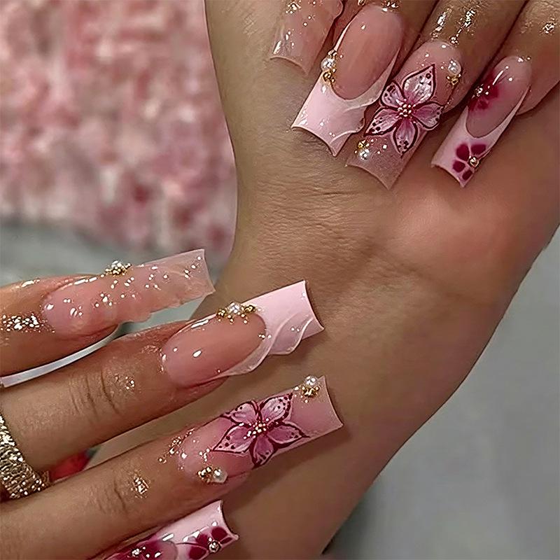 24-Piece Pink French Medium Tube Nail Tips with 3D Flowers & Leopard Print