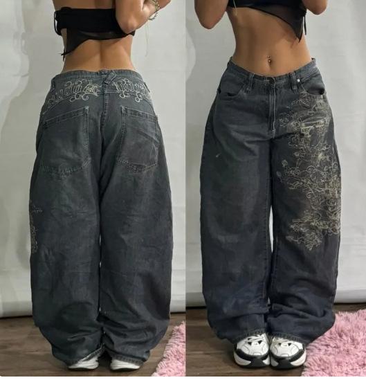 Vintage American High Waist Wide Leg Jeans Women Y2K Print Baggy Denim Pants Streetwear Loose Floor-Length Trousers