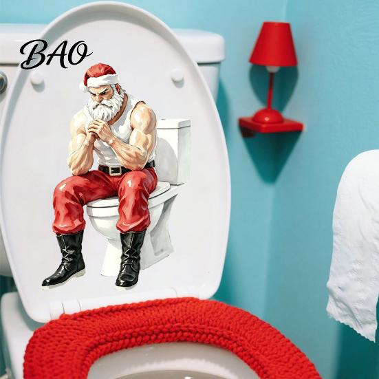 Holiday Party Glass Window Clings Funny Muscular Santa Claus Toilet Seat Decal, Self?Adhesive PVC Christmas Decals Restroom Wall Sticker,