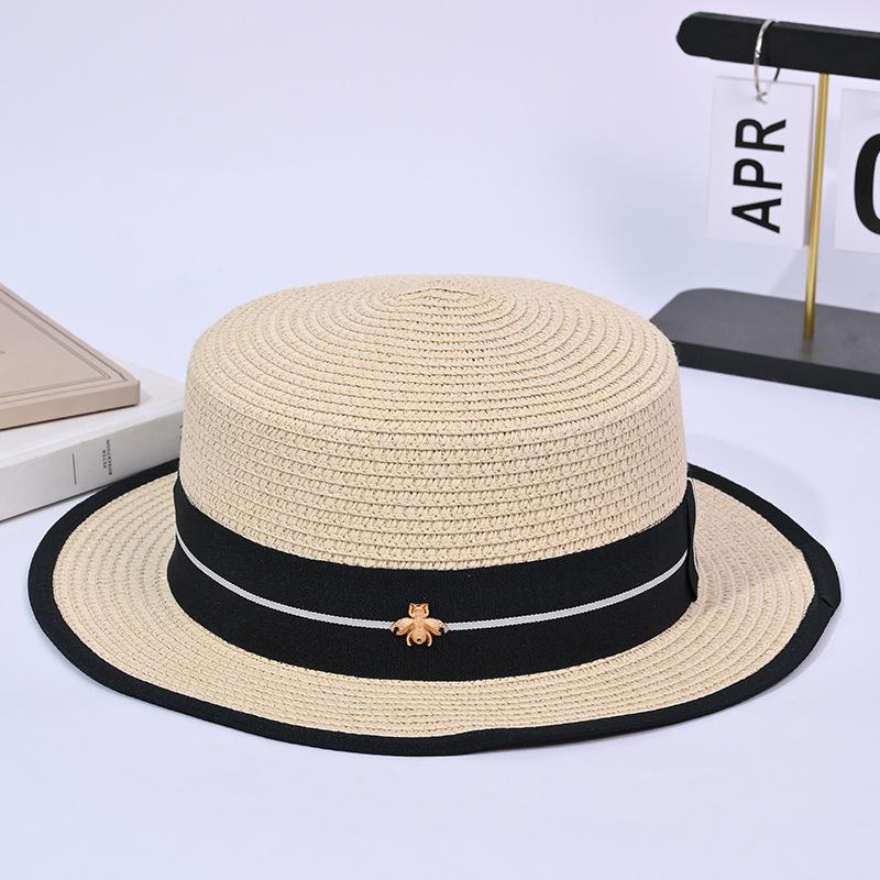 Summer New Versatile Flat Top Fashion Straw Hat Women's Sunscreen Premium Top Hat Outdoor Seaside Vacation